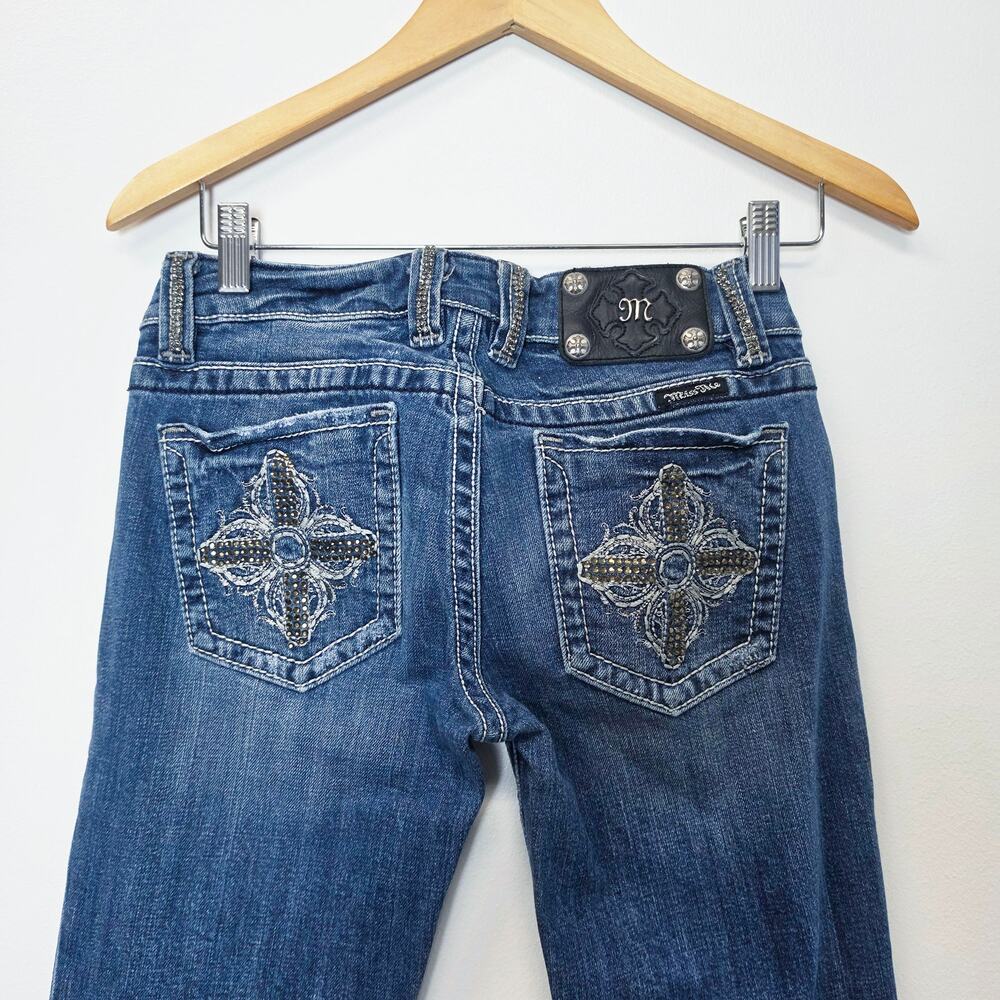 Miss Me Y2K Boot Cut Low Rise Jeans Bling Back Pockets Distressed 28x32.5